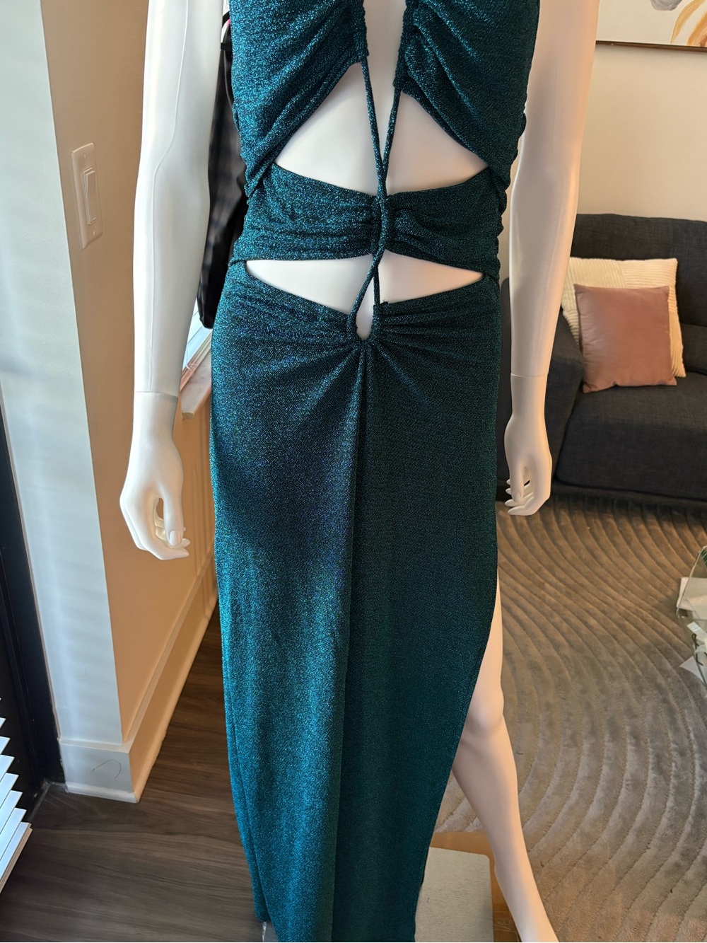 Emerald Green Shimmer Cut Out Maxi Dress Open Back Slit Sexy L - Picture 3 of 13